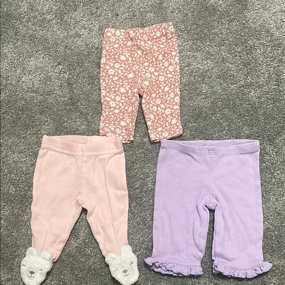 Preemie Baby Girl Set of Three Baby Leggings - Pink, Purple, Floral